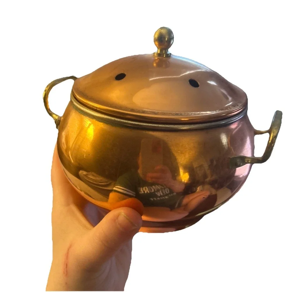 Vintage Copper Potpourri Pot w/ Lid Brass Handles Footed Bowl Container Used